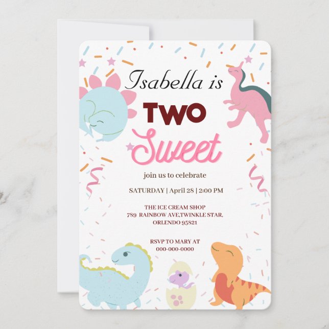 Dino Party Cute Dinosaurs Two Sweet  Birthday Girl Invitation (Front)