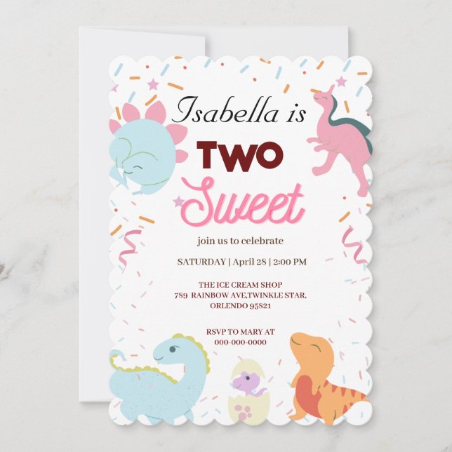 Dino Party Cute Dinosaurs Two Sweet  Birthday Girl Invitation (Front)