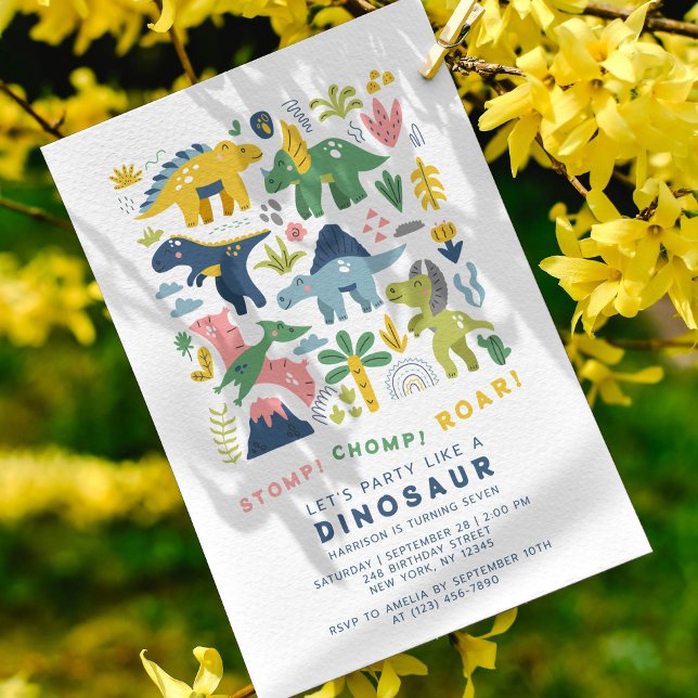 Dino Party Cute Modern Dinosaurs Seventh Birthday Invitation (Creator Uploaded)
