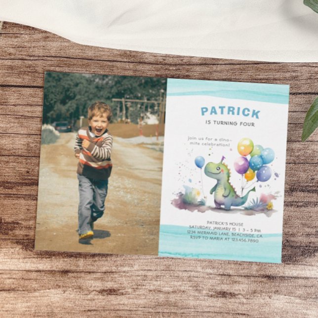 Dino Party Cute Watercolor Boy Blue Birthday Invitation (Creator Uploaded)