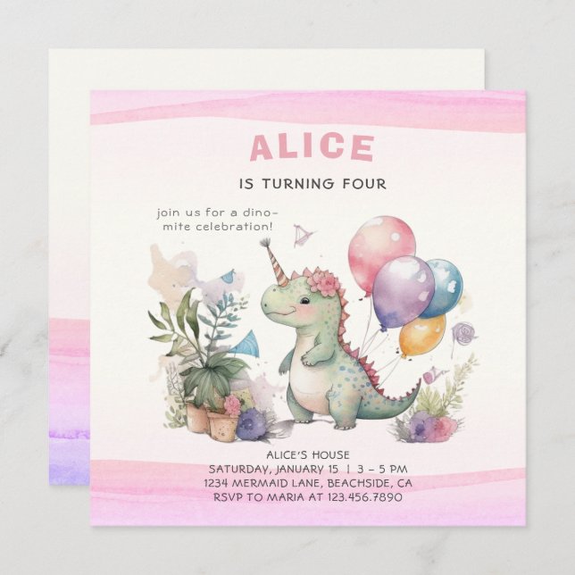 Dino Party Cute Watercolor Girl Pink Birthday Invitation (Front/Back)
