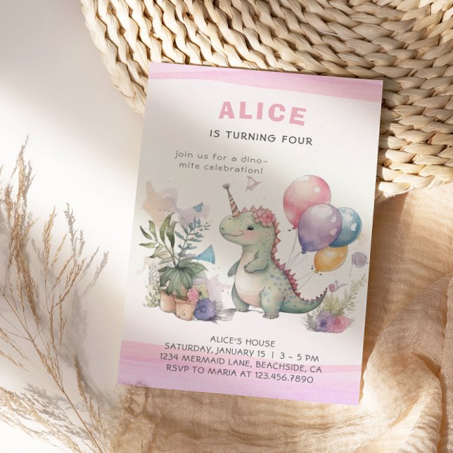 Dino Party Cute Watercolor Girl Pink Birthday Invitation (Creator Uploaded)
