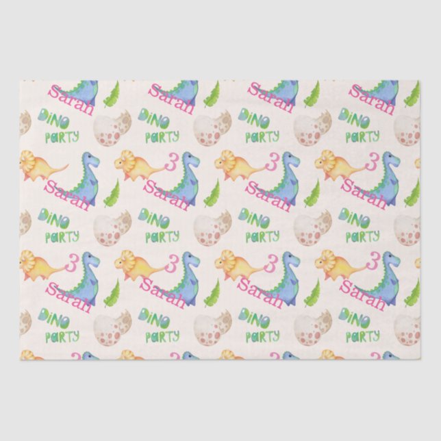 Dino Party Dinosaur Birthday Girl's Name & Age Tissue Paper (Front)