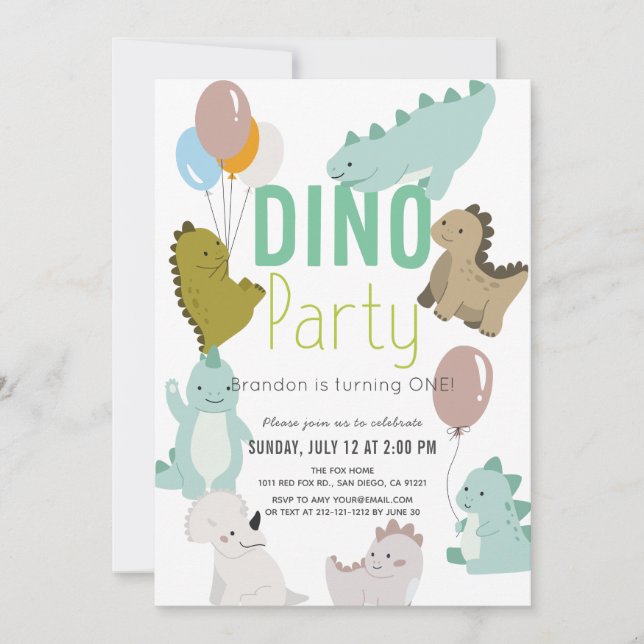 Dino Party Dinosaur Boy 1st Birthday Invitation (Front)
