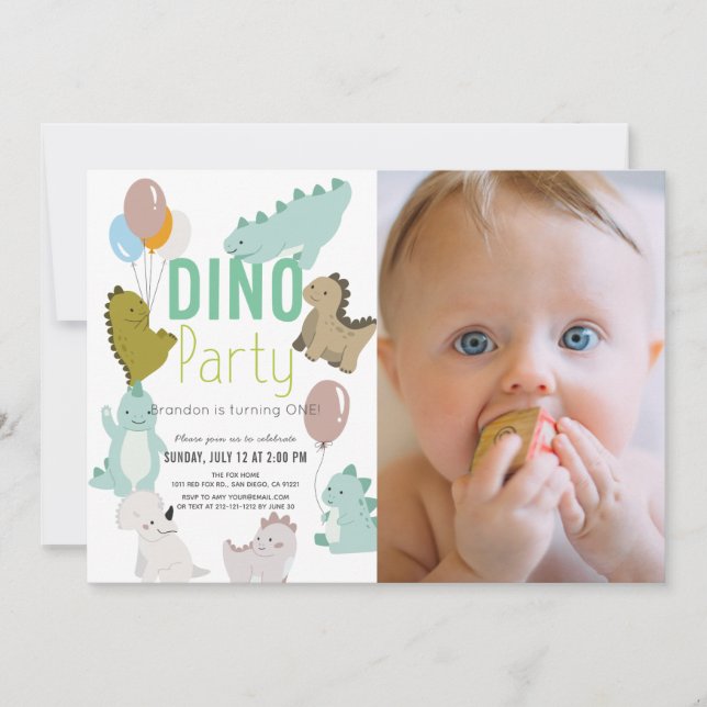 Dino Party Dinosaur Boy Photo 1st Birthday Invitation (Front)