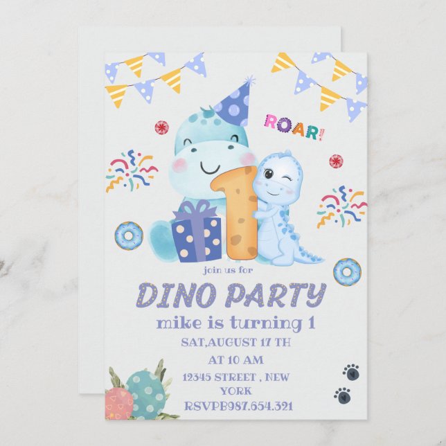 Dino Party first birthday cute dinosaurs  Invitation (Front/Back)