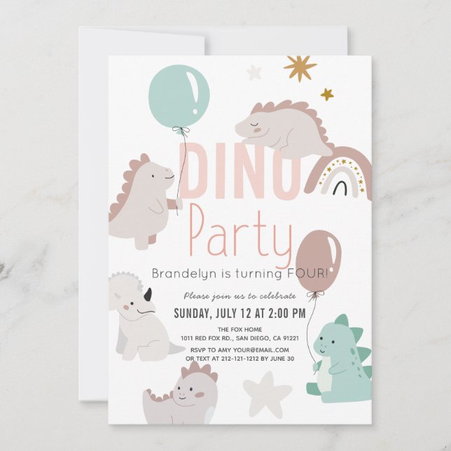 Dino Party Pink Dinosaur Girl Birthday Invitation (Front)