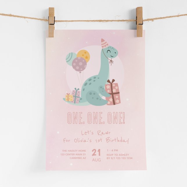 Dino Party Rawr Pink 1st Birthday Invitation (Creator Uploaded)