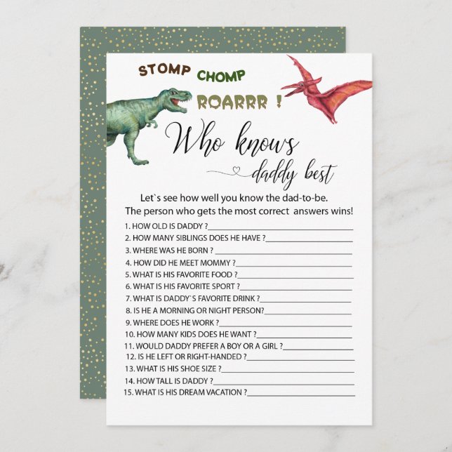 Dino Party stomp chomp roar games who knows daddy  Invitation (Front/Back)