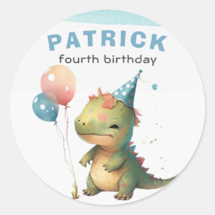 Dino Party Watercolor Boy Blue Birthday Classic Round Sticker