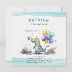 Dino Party Watercolor Boy Blue Birthday Invitation