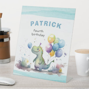 Dino Party Watercolor Boy Blue Birthday Pedestal Sign