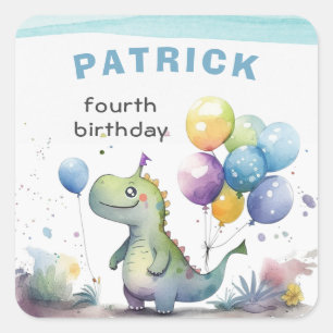 Dino Party Watercolor Boy Blue Birthday Square Sticker
