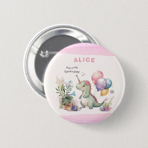 Dino Party Watercolor Girl Pink Birthday 6 Cm Round Badge