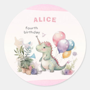 Dino Party Watercolor Girl Pink Birthday Classic Round Sticker