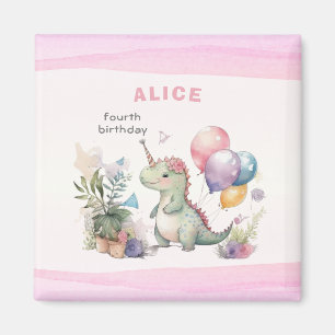 Dino Party Watercolor Girl Pink Birthday Magnet