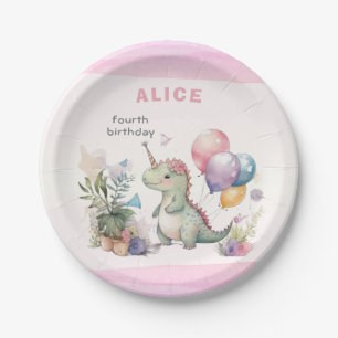 Dino Party Watercolor Girl Pink Birthday Paper Plate
