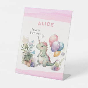 Dino Party Watercolor Girl Pink Birthday Pedestal Sign