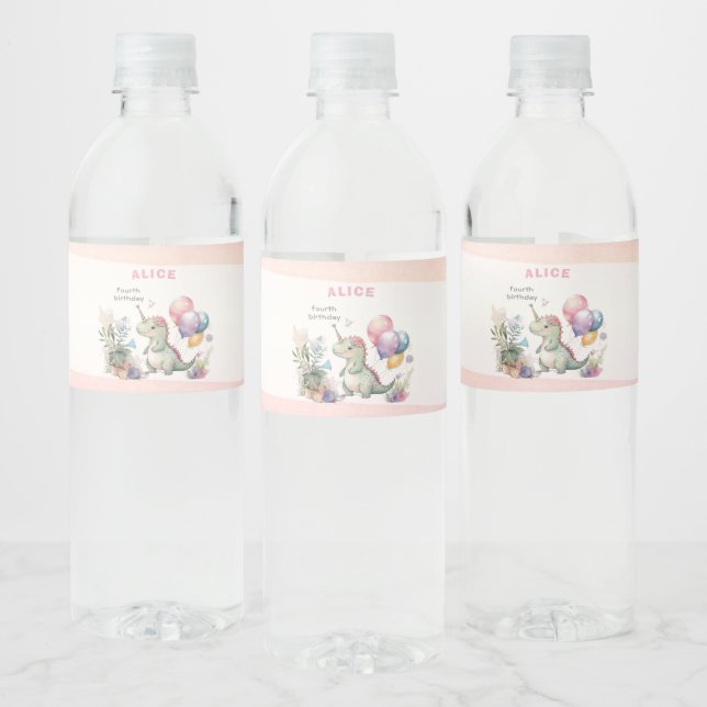 Dino Party Watercolor Girl Pink Birthday Water Bottle Label (Bottles)