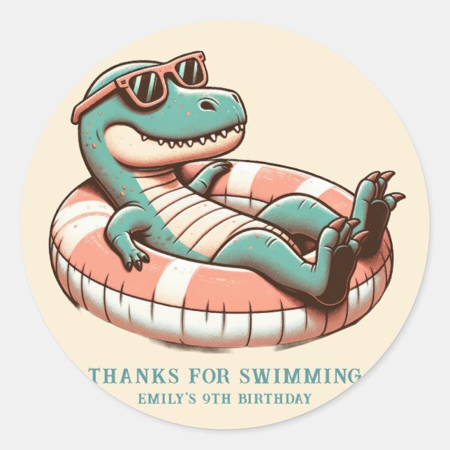 Dino Pool Party Birthday Classic Round Sticker (Front)