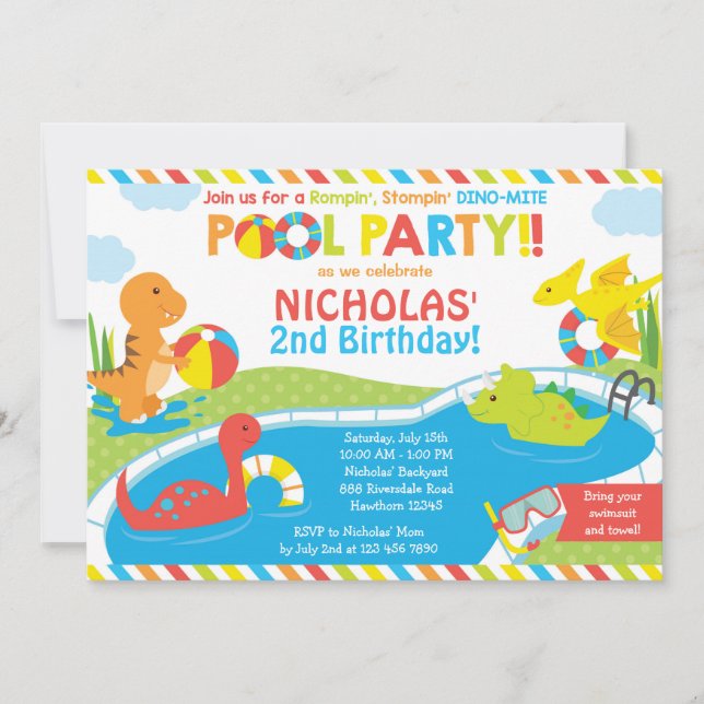 Dino Pool Party Invitation, Pool Party Invite (Front)