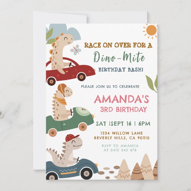 Dino Race 3rd Birthday party invitation (Front)
