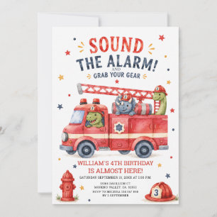 Dino Sound the alarm Grab your gear Fire Birthday Invitation