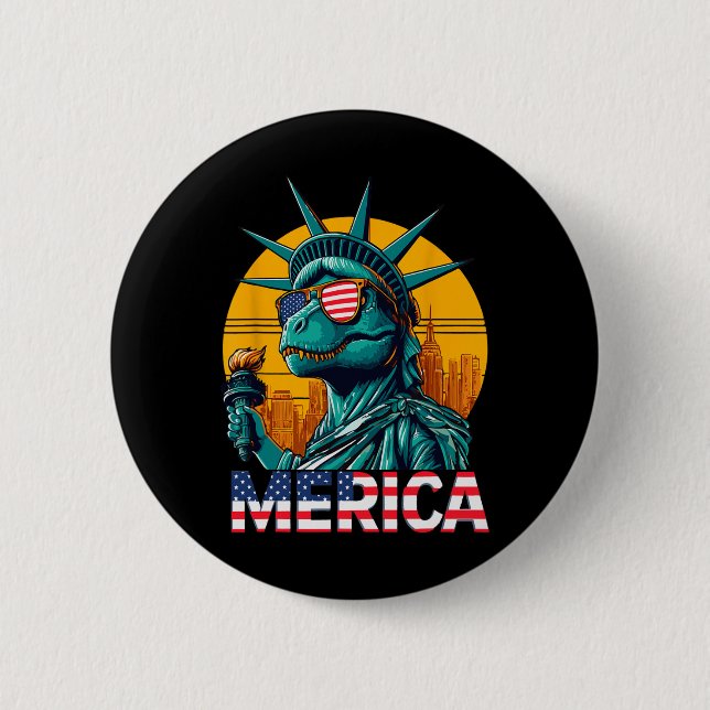 Dino Statue Of Liberty 4th Of July Trex Boys Ameri 6 Cm Round Badge (Front)