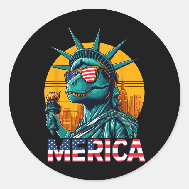 Dino Statue Of Liberty 4th Of July Trex Boys Ameri Classic Round Sticker (Front)