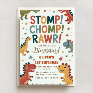 Dino Stomp Chomp ROAR First Birthday Bash Invitation