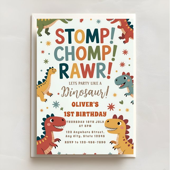 Dino Stomp Chomp ROAR First Birthday Bash Invitation (Creator Uploaded)