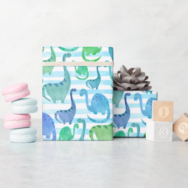 Dino Stripe Watercolor Dinosaurs Adorable Wrapping Paper (Baby Shower)