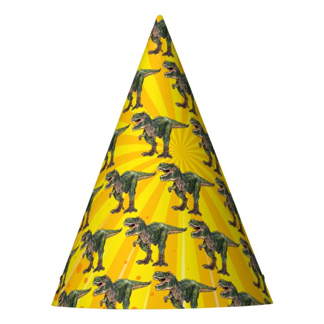 Dino T-Rex Dinosaur Funny Birthday Boy Yellow Party Hat (Front)