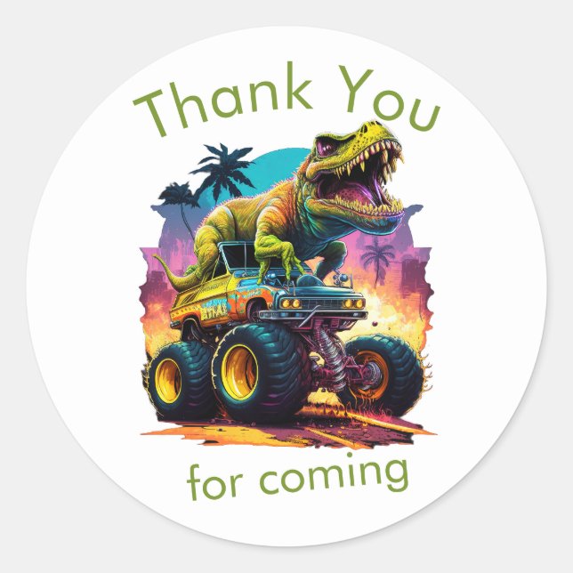  Dino T-Rex Monster Truck, Thank You Classic Round Sticker (Front)