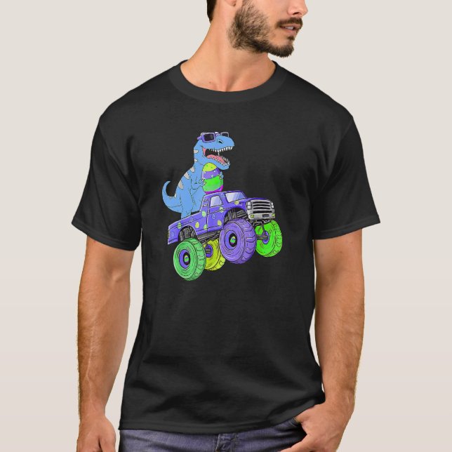 Dino T Rex Riding A Monster Truck Boys Girls Kids  T-Shirt (Front)