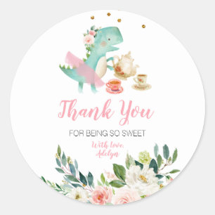 Dino Tea Party Floral Thank You for being here Classic Round Sticker