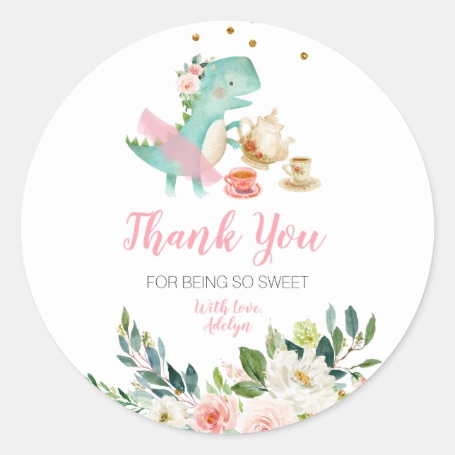 Dino Tea Party Floral Thank You for being here Classic Round Sticker (Front)