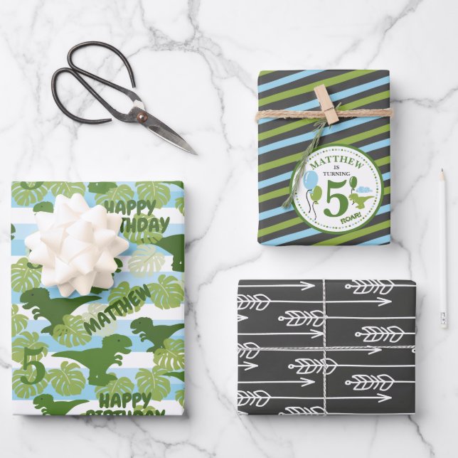 Dino Tropical Birthday Personalised Wrapping Paper (Front)