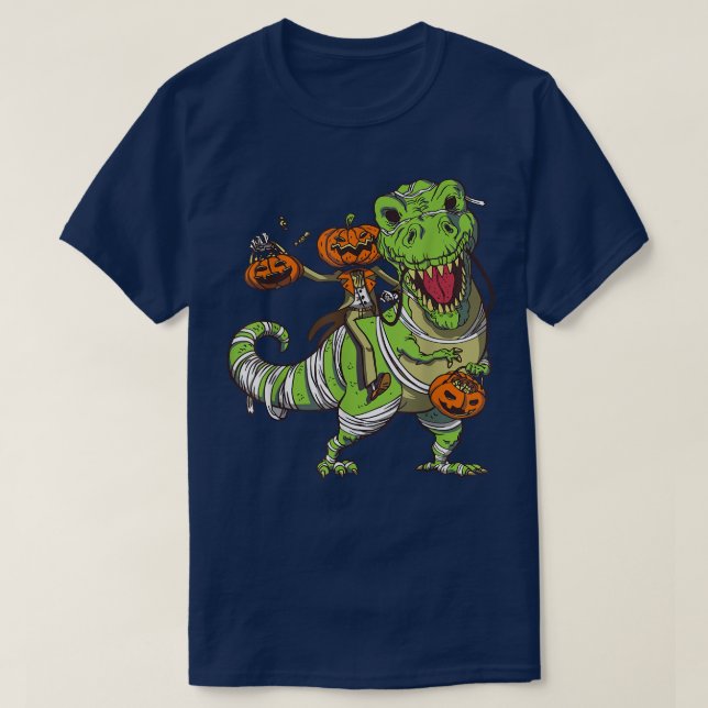 Dino with Skeleton and Pumpkin Happy Halloween  T-Shirt (Design Front)