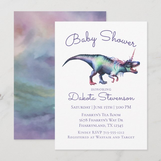 Dinocorn Baby Shower | Colourful Unicorn Dinosaur Invitation (Front/Back)