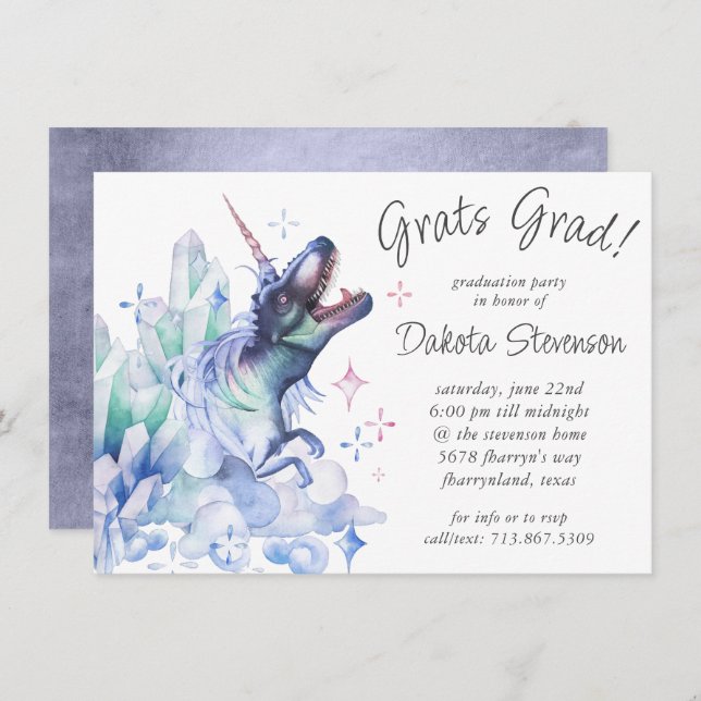 Dinocorn Crystal Purple | Unicorn Dinosaur Grad Invitation (Front/Back)