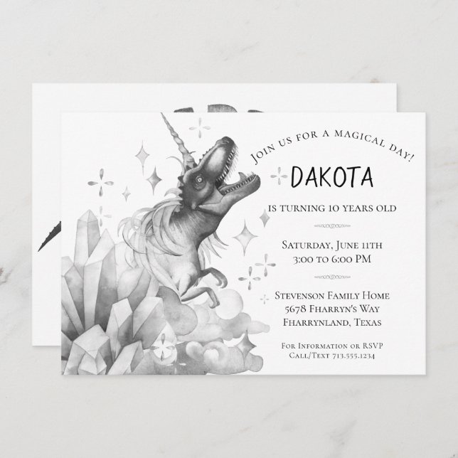 Dinocorn Crystal | Silver Monochrome Birthday Invitation (Front/Back)