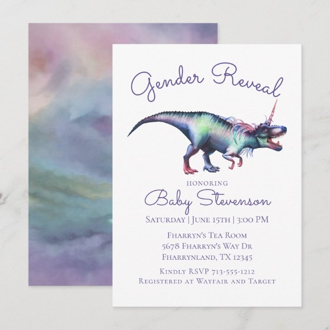 Dinocorn Gender Reveal | Colourful Unicorn Dinosau Invitation (Front/Back)
