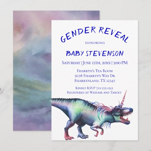 Dinocorn Gender Reveal | Roaring Unicorn Dinosaur Invitation (Front/Back)
