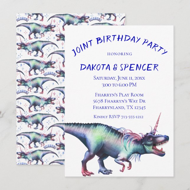 Dinocorn Joint Birthday Party | Unicorn Dinosaur Invitation (Front/Back)