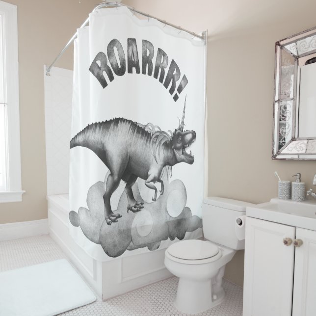 Dinocorn Roar | Silver Monochrome Minimal Wordart Shower Curtain (In Situ)