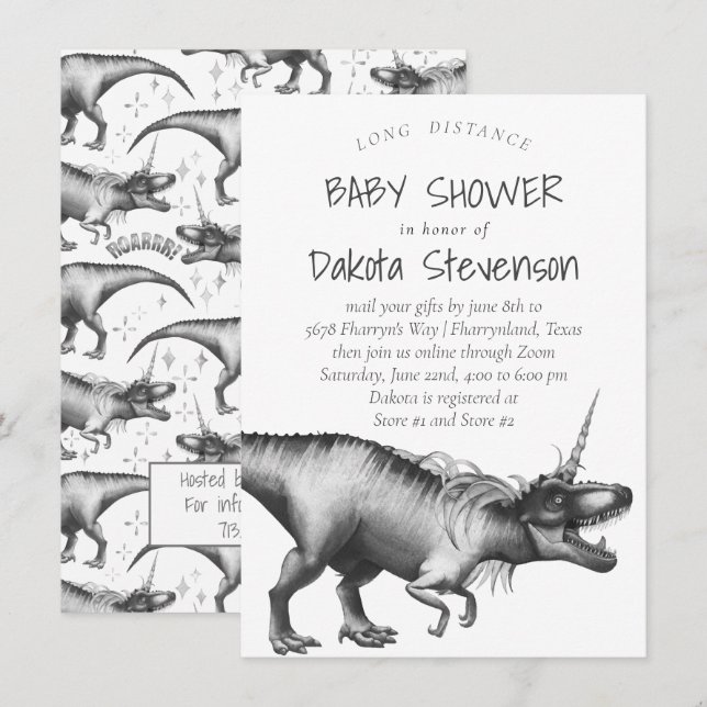 Dinocorn Silver | Cute Long Distance Baby Shower Invitation (Front/Back)
