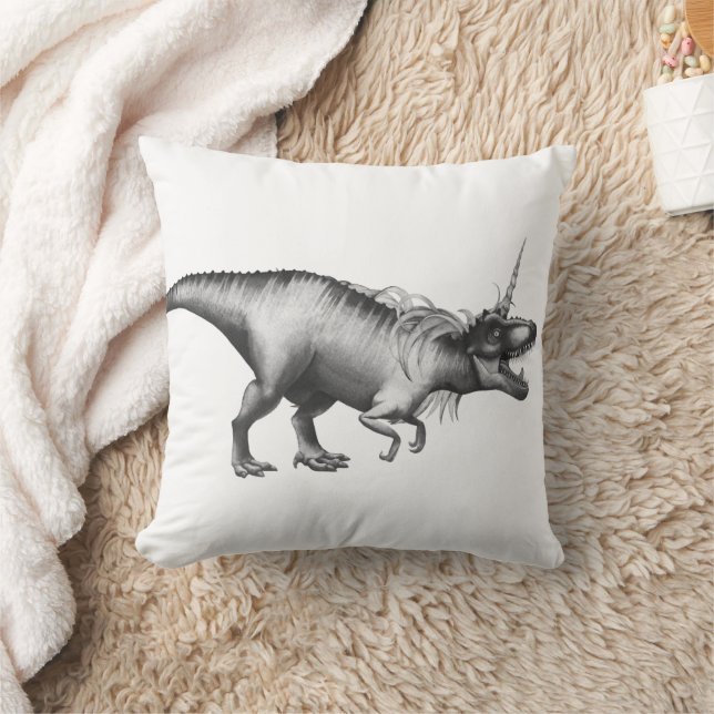 Dinocorn Silver | Fantasy Unicorn Horned Dinosaur Cushion (Blanket)