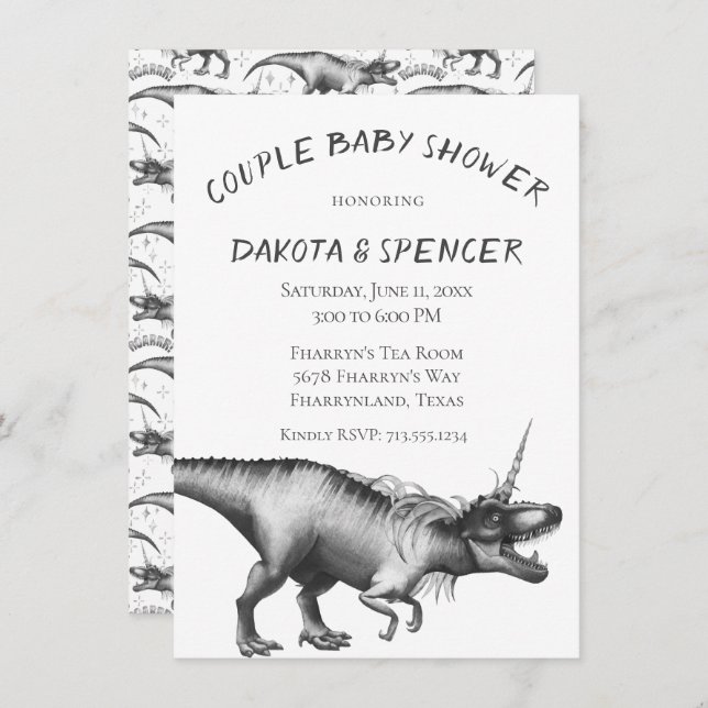Dinocorn Silver | Monochrome Couples Baby Shower Invitation (Front/Back)