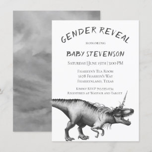 Dinocorn Silver   Monochrome Neutral Gender Reveal Invitation